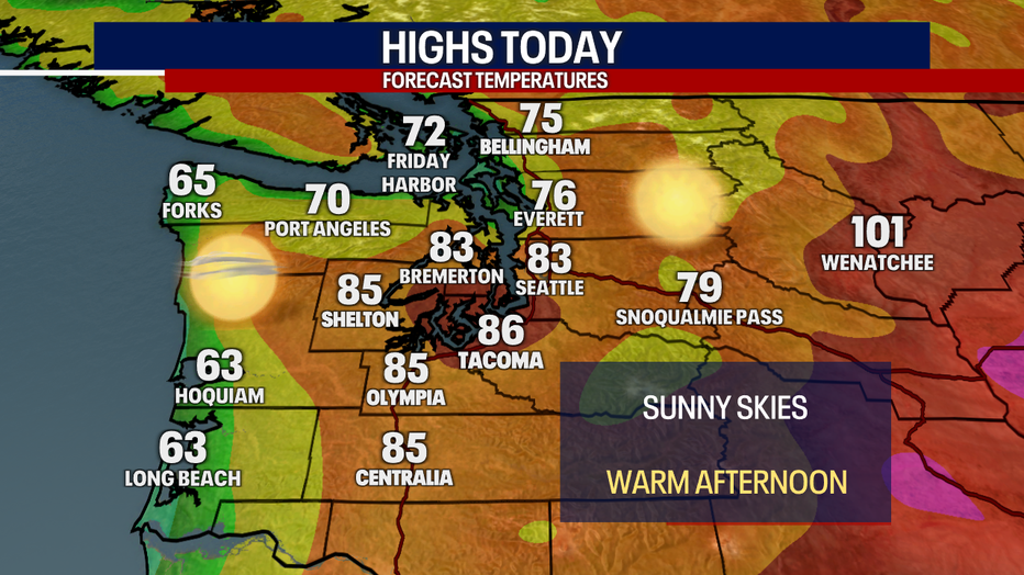 A map showing the high temperatures forecast in Western Washington Tuesday.