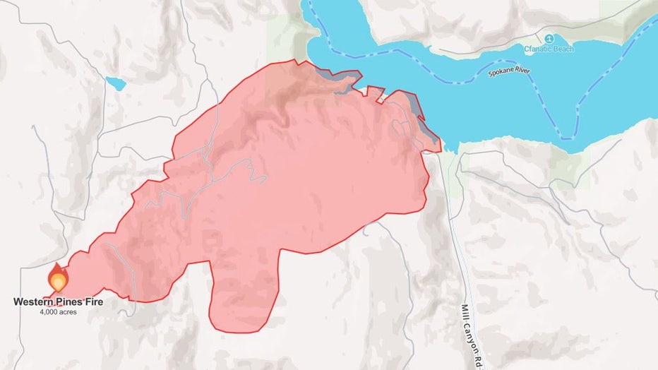 A wildfire that sparked Wednesday afternoon in eastern Washington has reached nearly 4,000 acres in less than 24 hours and prompted evacuation orders. Officials say the Western Pines Fire, burning in Lincoln County about 10 miles northeast of Davenport, was first reported at around 12:34 p.m. Wednesday. As of Thursday at 10:30 a.m., the fire had reached an estimated 3,787 acres and remained 0% contained. According to the state Department of Natural Resources, the cause of the fire remains under investigation but is believed to be human-caused. The fire is burning grass, timber and brush. Winds from a passing cold front have caused the blaze to spread rapidly east.