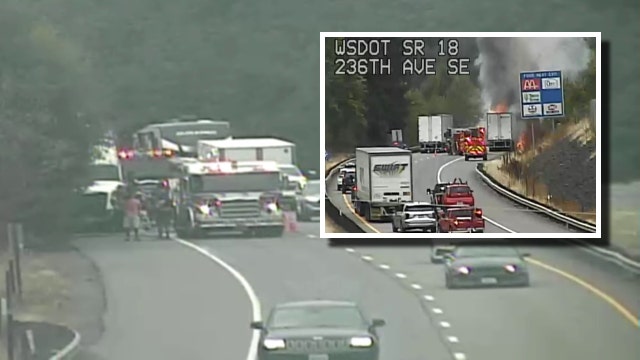 Semi-truck fire shuts down road, ignites brush in Maple Valley, WA