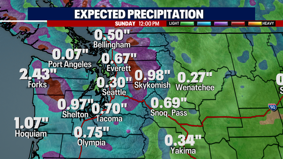 A map showing the expected precipitation Friday afternoon and evening.