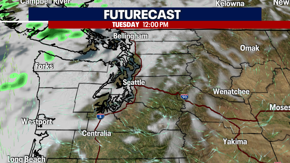 A map showing the cloud and rain forecast on Tuesday morning for Western Washington.