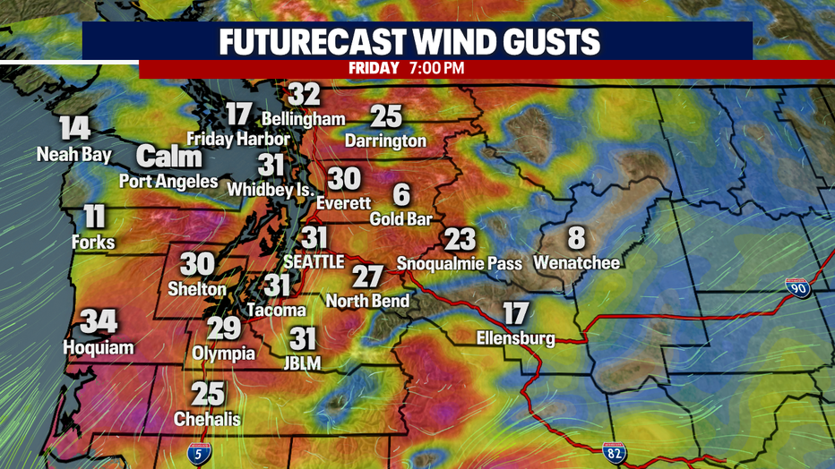 A map showing the Futurecast wind gusts Friday.