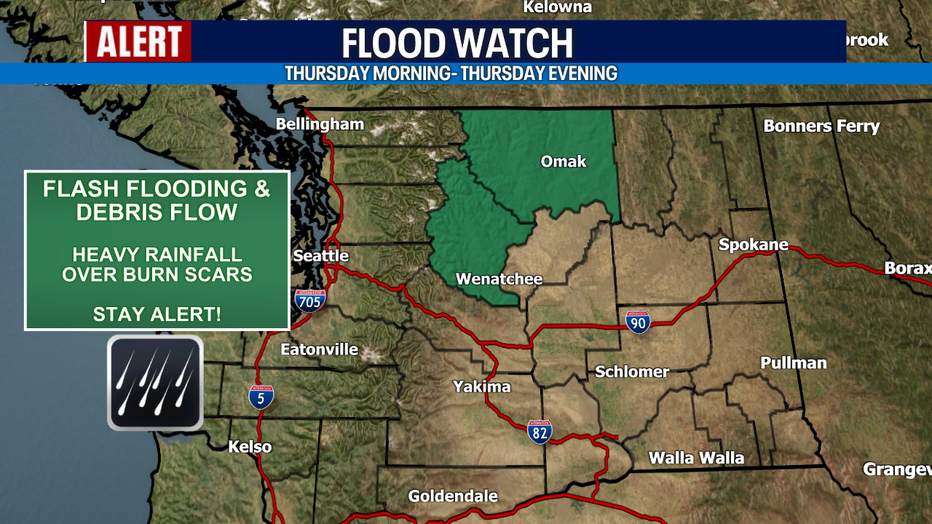 A map showing the counties where there is a Flood Watch in effect Thursday.
