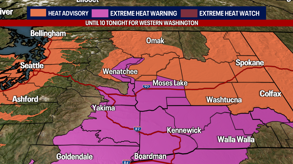 A map showing heat alerts in Central and Eastern Washington Tuesday.