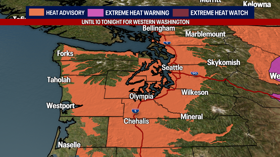 A map showing the Heat Advisory in effect for Western Washington.