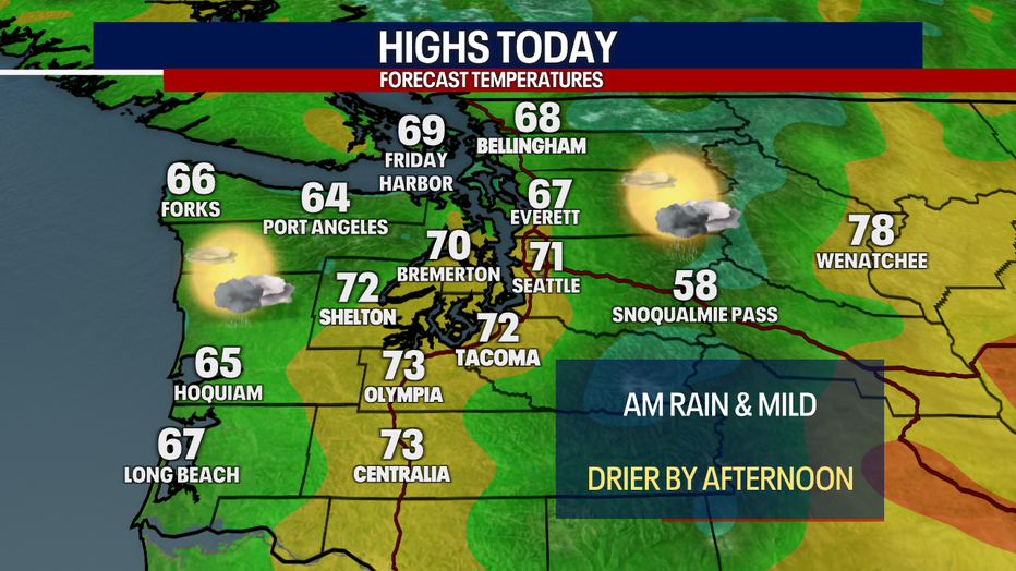 A map showing the high temperatures forecast for Thursday in Western Washington.