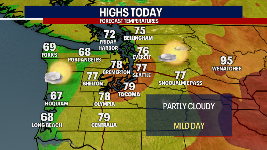 A map showing the high temperatures forecast on Saturday for Western Washington.