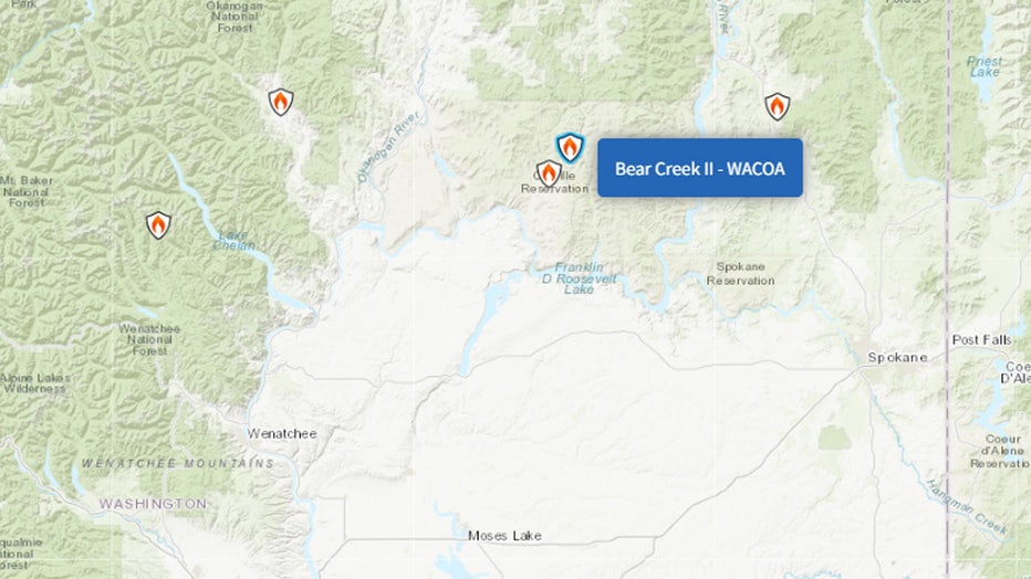 Bear Creek II Fire burning in Okanogan County, WA The Bear Creek II Fire, burning just north of the Kinkaid Creek Fire, started on July 31 due to a lightning strike. As of Aug. 13, the wildfire has reached 267 acres and is 32% contained.