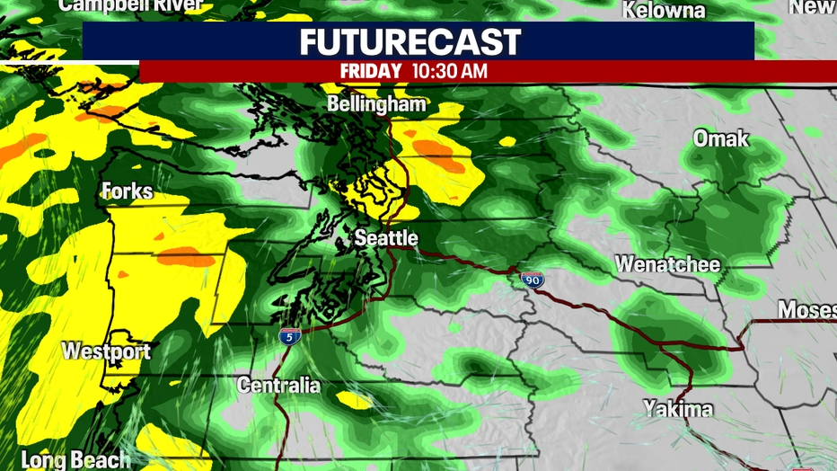 A map showing the rain futurecast for Friday in Western Washington.