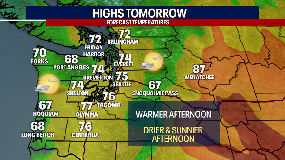 Forecast afternoon high temperatures around the region tomorrow.