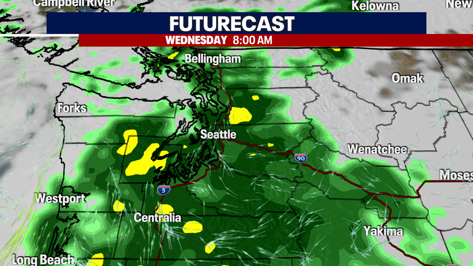 A map showing the Futurecast for rain Wednesday morning.
