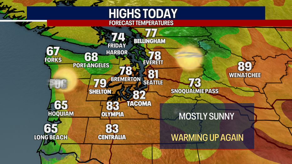 A map showing the high temperatures forecast in Western Washington for Thursday.