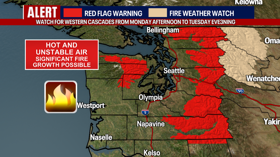 Elevated fire danger due to dry, hot and unstable weather is forecast east of Seattle over the Cascades.