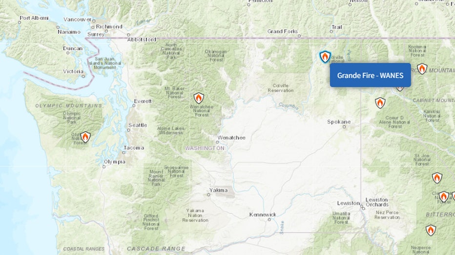Grande Fire burning in northeast WA The Grande Fire is burning in a remote area south of Uncle Sam Mountain, about 12 miles north of Colville, Washington. Officials say the fire originated on Aug. 25. It is currently burning 22 acres and is 15% contained.
