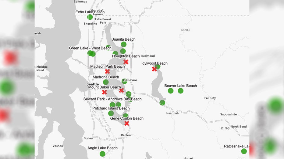 Map of beach closures due to bacteria levels in Lake Washington