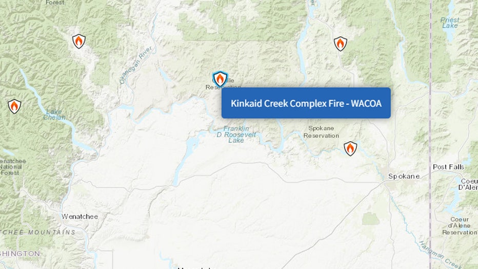 Map of Kinkaid Creek Complex Fire burning in Washington state