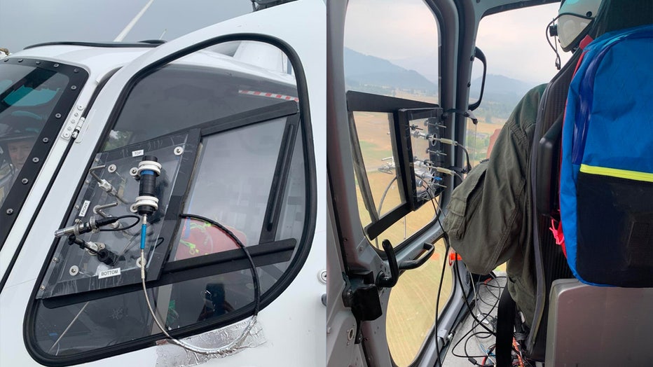 Gas inlet window plate holding gas sampling equipment. View from the helicopter cabin showing the connections from the inlet window to the measurement equipment inside. Researchers from the USGS Cascades Volcano Observatory say earthquakes near a volcano could be related to several possibilities, and identifying the cause helps scientists prepare for potential hazards. To find out what caused that swarm of quakes, a team of USGS gas specialists partnered with the National Park Service for a helicopter flight over the volcano’s summit earlier this summer. Equipped with sensitive gas detection equipment, they took measurements near small steam vents – called funaroles – located in the east and west summit craters. 