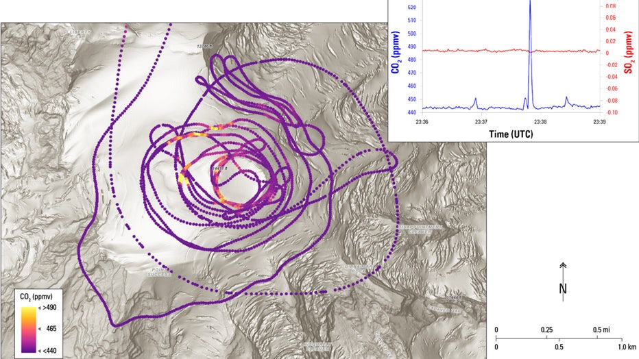 Researchers from the USGS Cascades Volcano Observatory say earthquakes near a volcano could be related to several possibilities, and identifying the cause helps scientists prepare for potential hazards. To find out what caused that swarm of quakes, a team of USGS gas specialists partnered with the National Park Service for a helicopter flight over the volcano’s summit earlier this summer. Equipped with sensitive gas detection equipment, they took measurements near small steam vents – called funaroles – located in the east and west summit craters. 