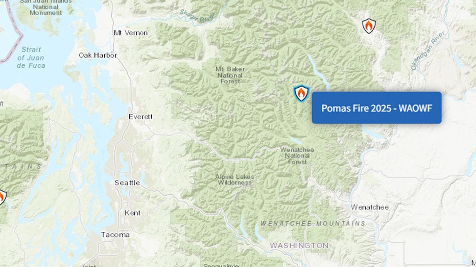 Map showing where the Pomas Fire is burning in Washington state