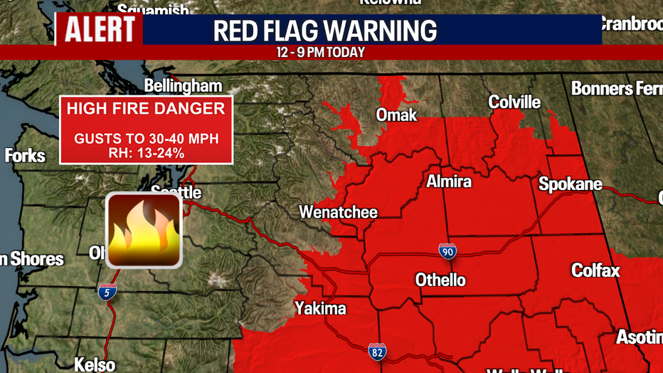 A map showing the Red Flag Warning in effect in central and eastern Washington.