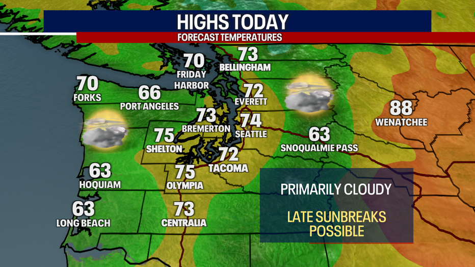 A map showing the forecasted high temperatures Monday in Western Washington.