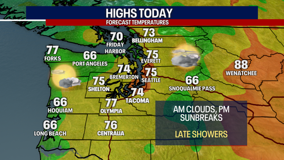 A map showing the high temperatures forecasted for Tuesday in Western Washington.