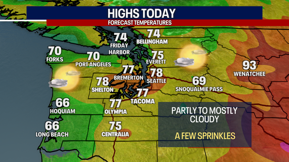 A map showing the Wednesday forecast for Western Washington.