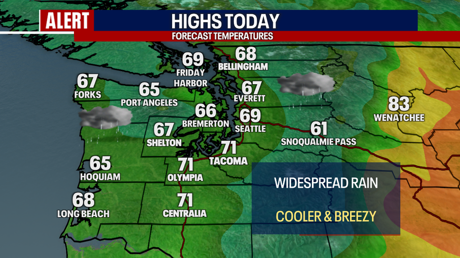 A map showing the high temperatures forecast for Friday in Western Washington.