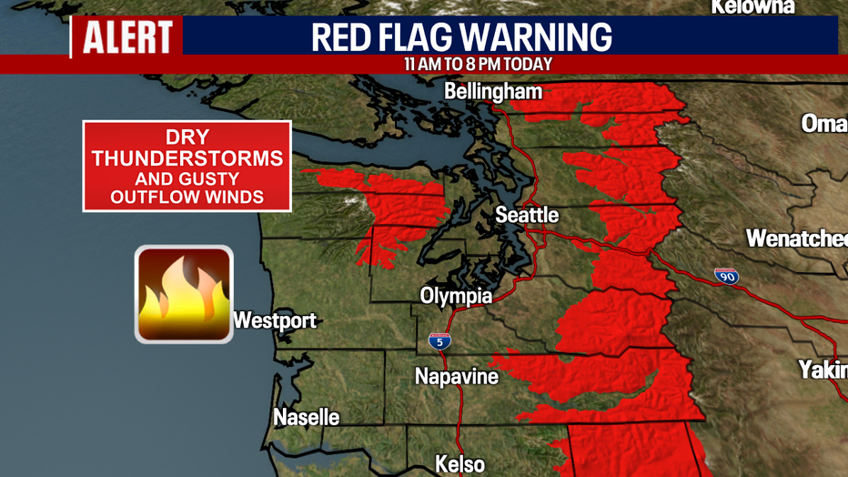 Lightning and gusty weather could lead to fires growing rapidly in the mountains of Washington today.