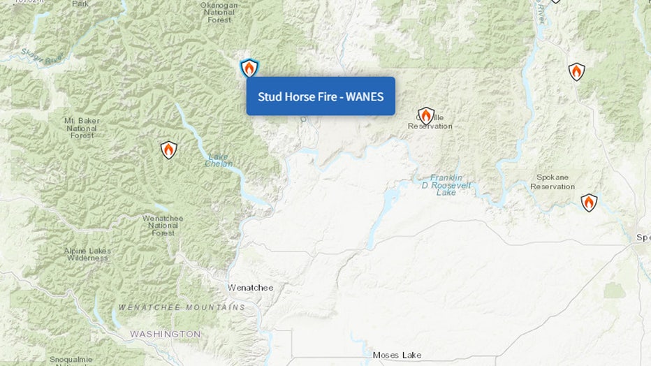 Map showing where the Stud Horse Fire is burning in Washington state