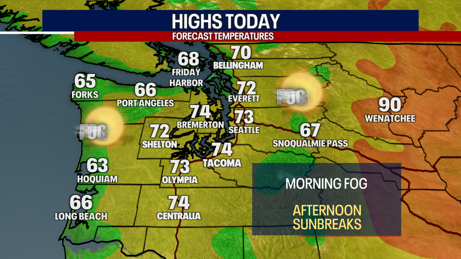 A map showing the high temperatures forecast for Western Washington on Thursday.