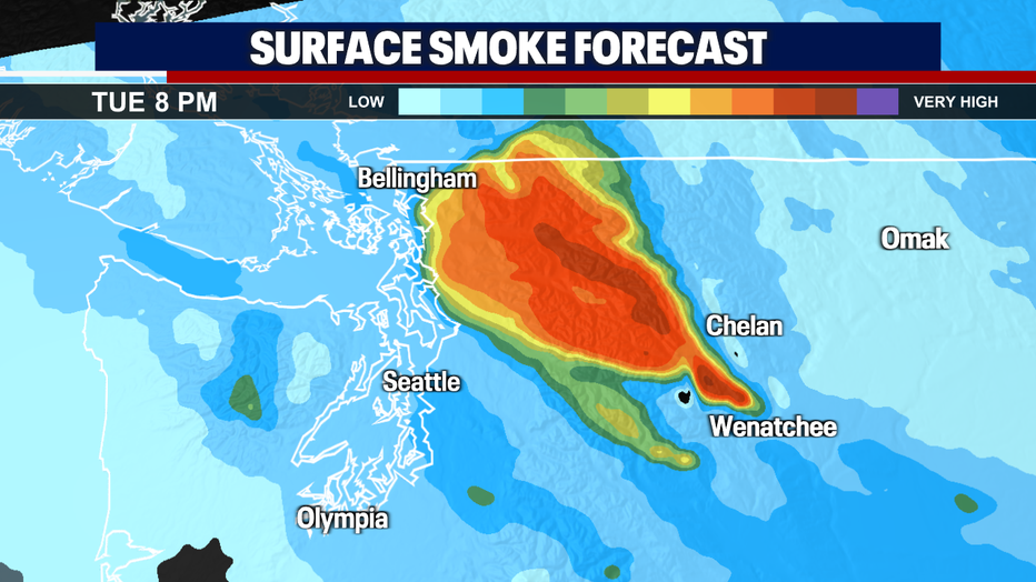 A map showing the surface smoke forecast in Washington State.