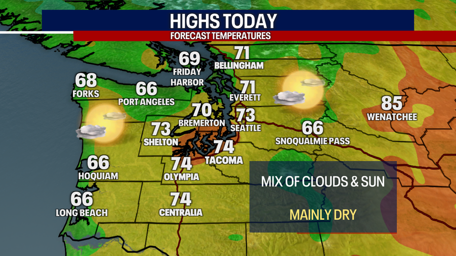 A map showing the high temperatures forecast for Seattle on Monday.