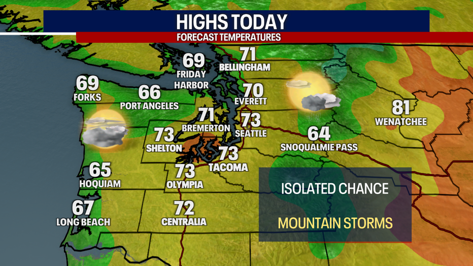 A map showing the forecasted high temperatures in Seattle Tuesday.