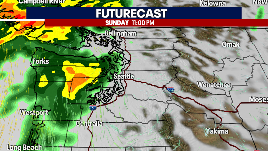 A map showing the forecast rain on Sunday night in Western Washington.