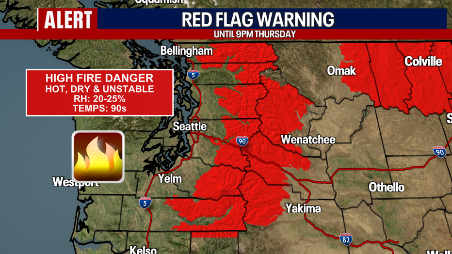 A map showing the areas under a Red Flag Warning in Washington.