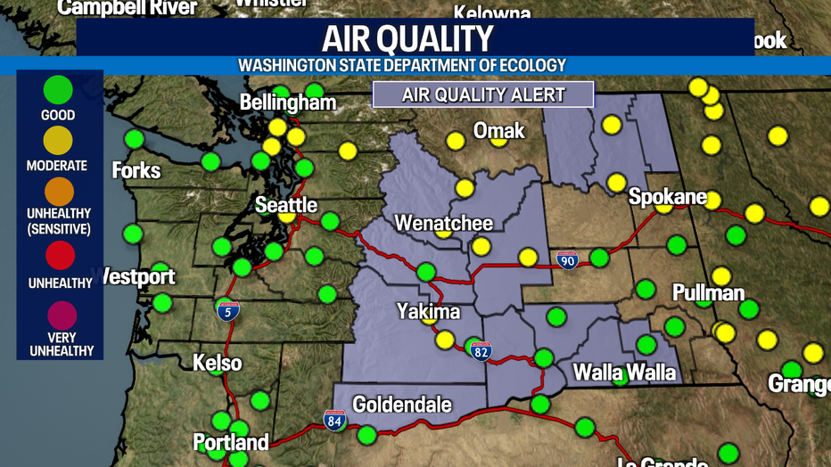 A map showing the air quality alerts in Washington State.