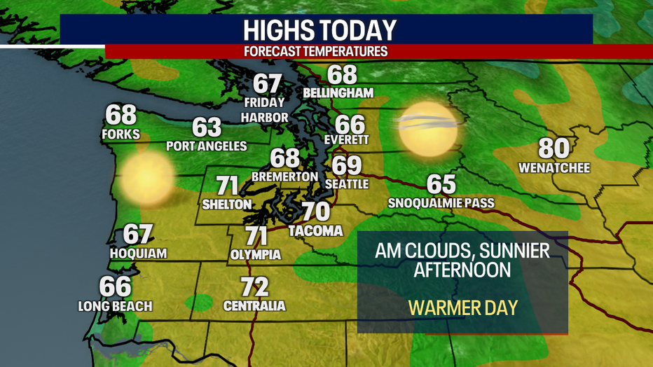 A map showing the high temperatures forecast for Western Washington on Monday.