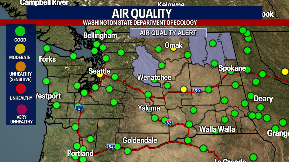 A map showing the air quality alerts in Washington State.