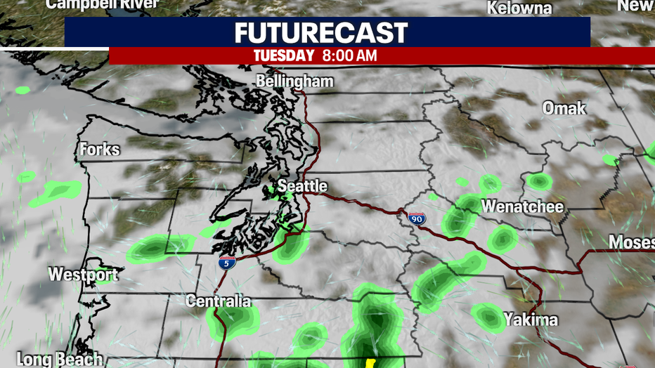 A map showing the cloud and rain forecast for Tuesday morning.