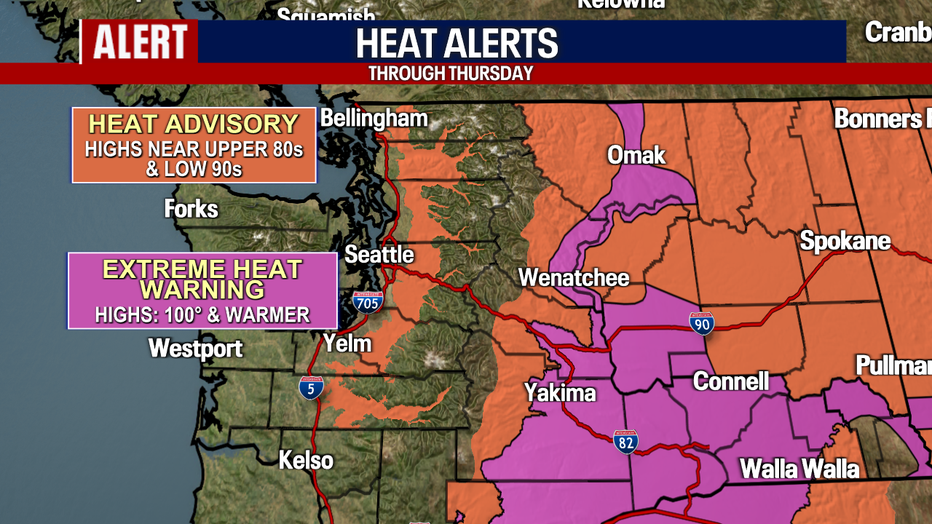 A map showing the heat alerts in effect Tuesday in Washington State.