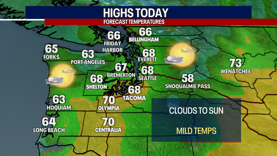 A map showing the high temperatures forecast for Western Washington on Friday.