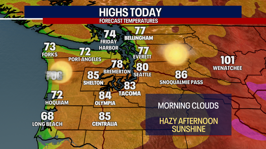A map showing the high temperatures expected Tuesday in Seattle.