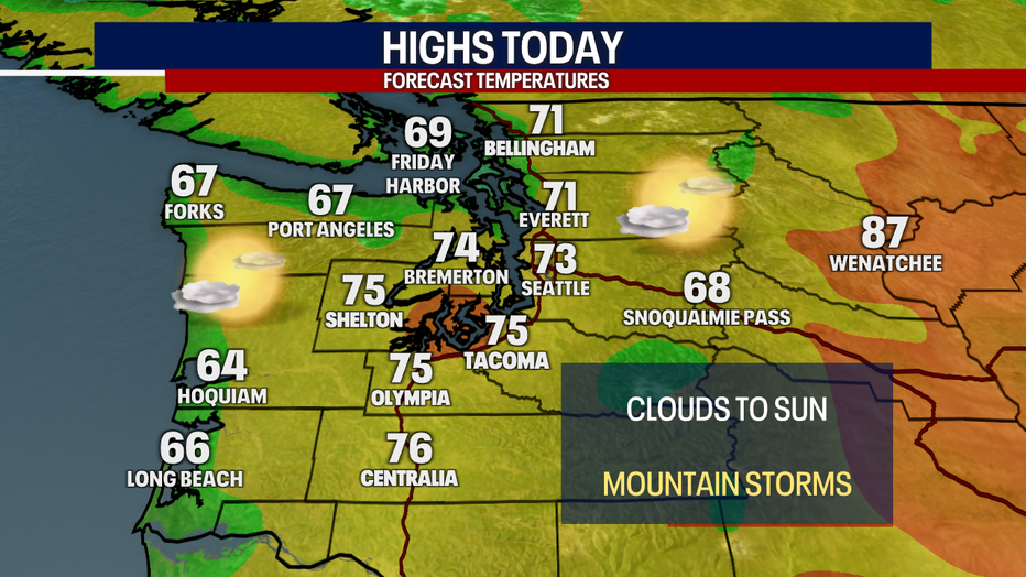 A map showing the high temperatures forecast in Western Washington on Wednesday.