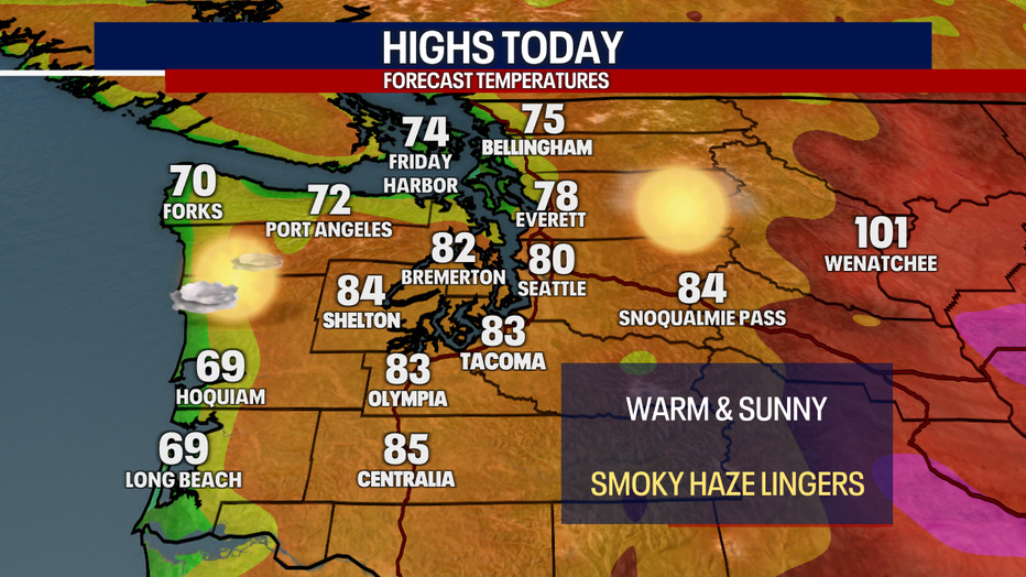 A map showing the high temperatures forecast Wednesday in Western Washington.