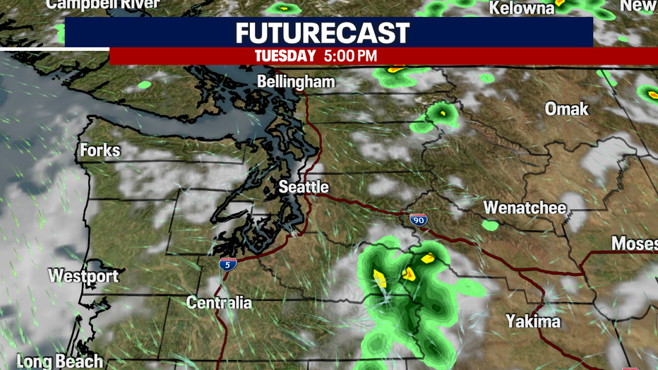 The cloud and rain forecast for Tuesday afternoon.
