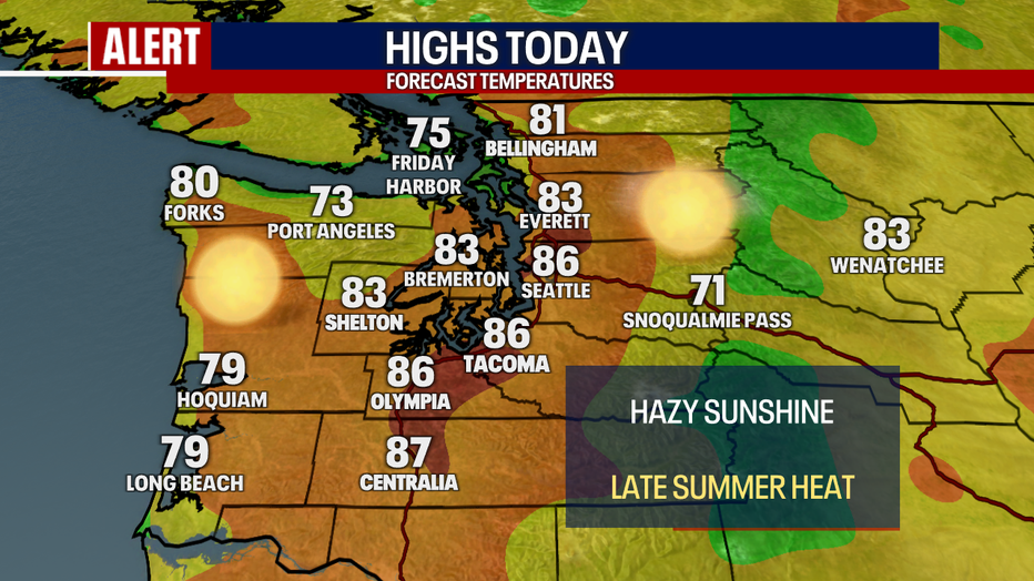 A map showing the high temperatures forecast for Western Washington on Tuesday.