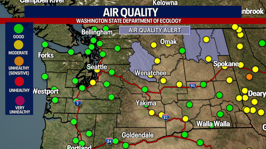 A map showing air quality alerts in Washington State.