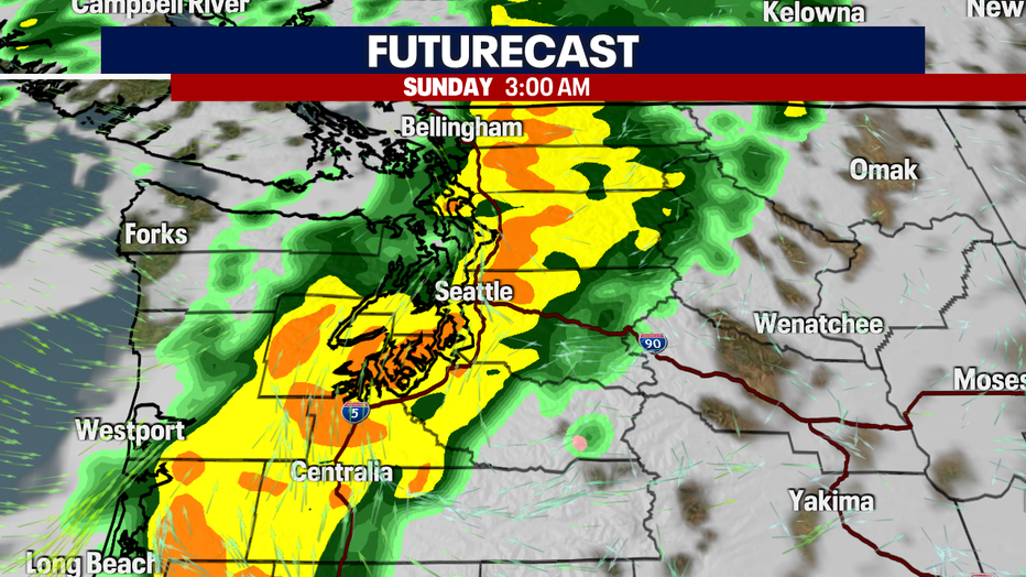 A map showing the rain on Saturday sweeping through Western Washington.