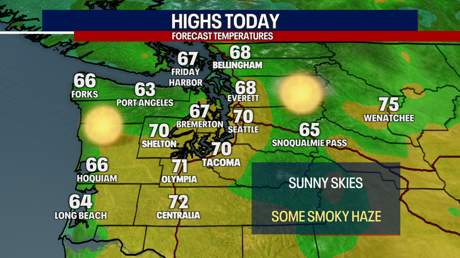 A map showing the high temperatures expected for Monday in Western Washington.
